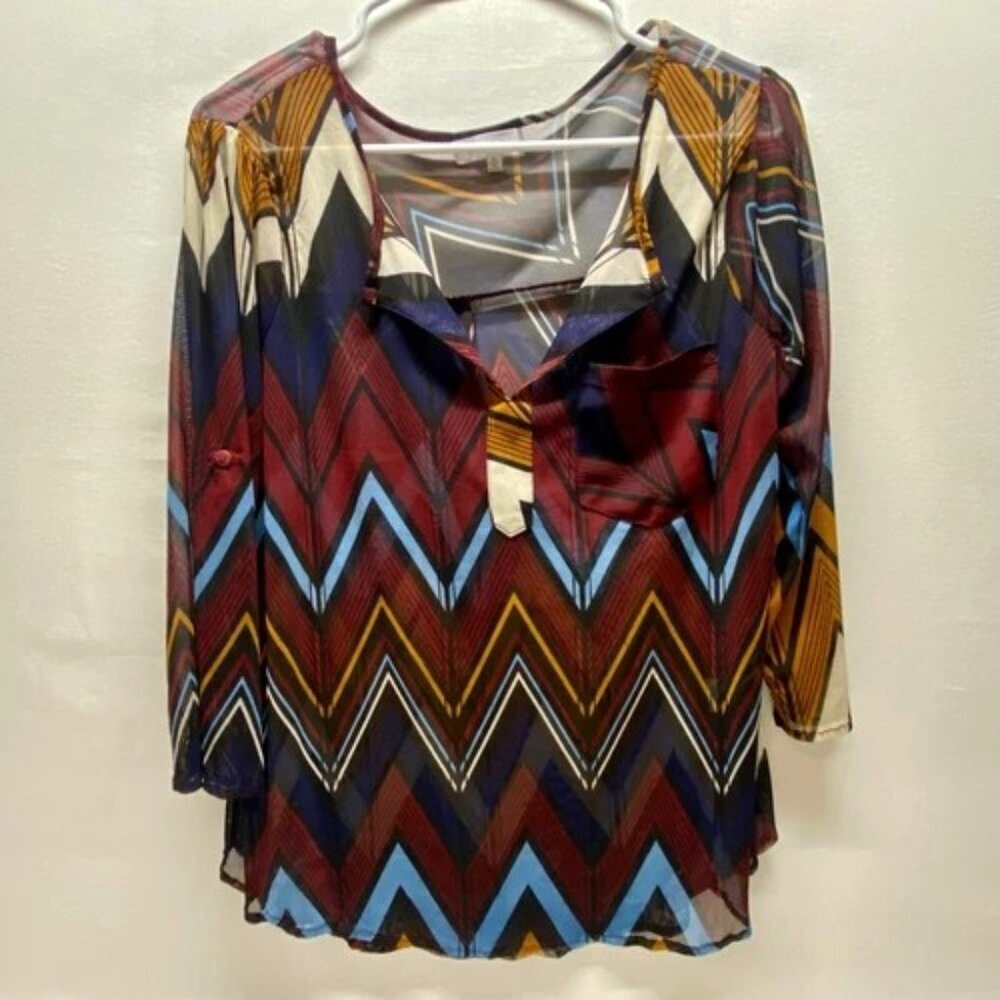 Eden & Olivia Semi Sheer 3/4 Sleeve Blouse Women's Medium Aztec Tribal V-Neck